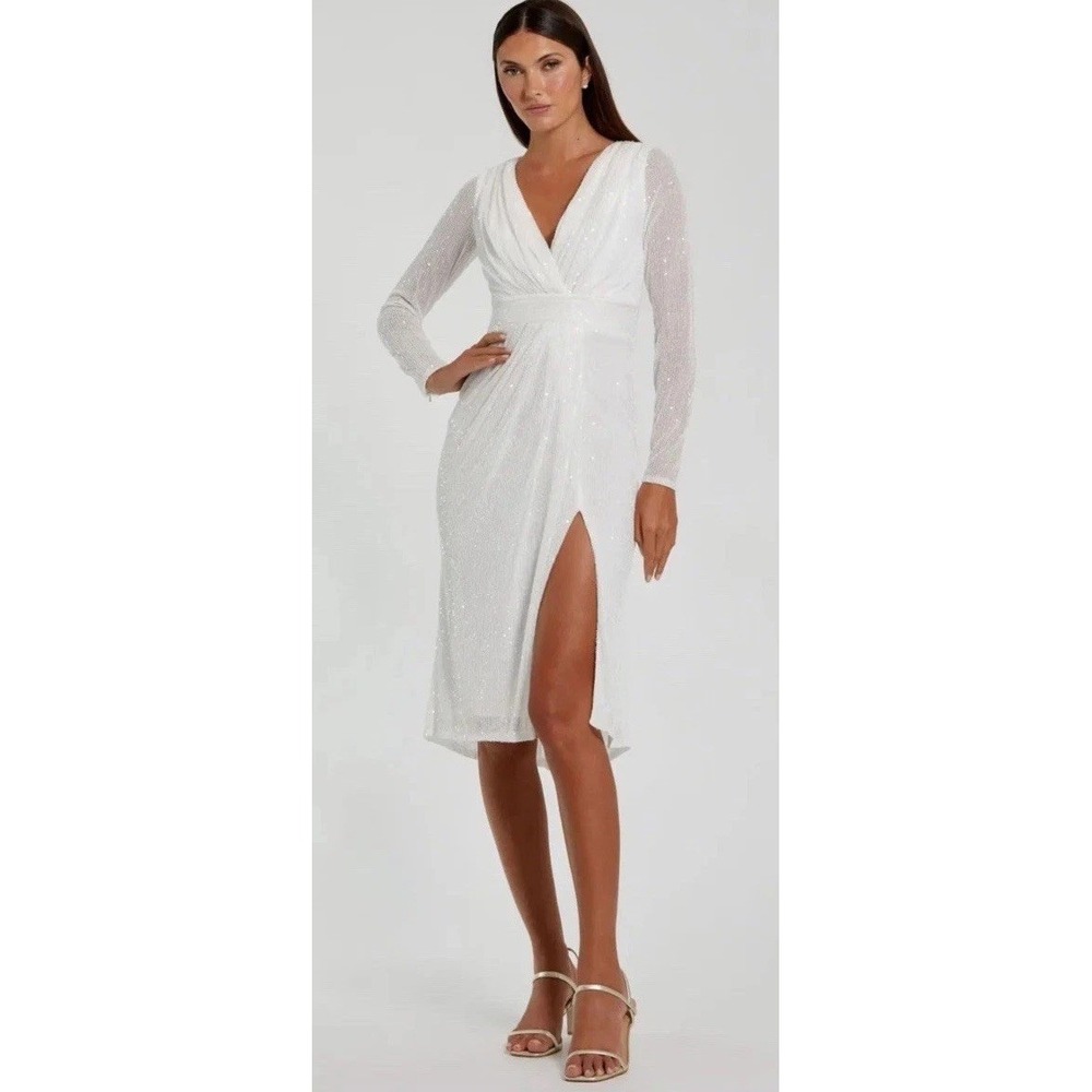 NWT IRENA for Mac Duggal Ivory White Long‎ Sleeve Sequin Midi Dress Size 2